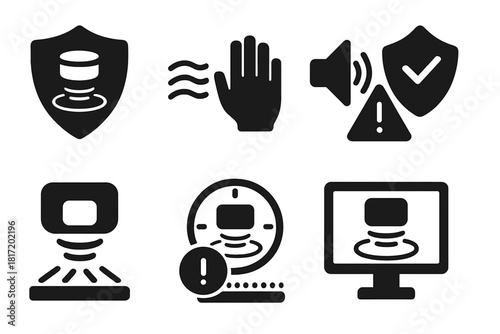 Levitation Safety Icons. Solid style icons of levitation safety systems: containment shield icon, emergency wave cutoff, fail-safe