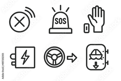 Emergency Procedure Icons. Line style icons of emergency procedures: distress signal icon, auto SOS beacon, crew intervention