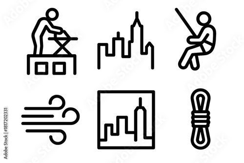 Extreme Rooftop Ironing. Line style icons of Extreme Ironing: city rooftop ironing, skyline outline, harnessed figure, safety rope