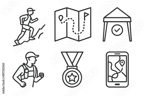 Ultra-Marathon Icons. Line style icons of ultra-marathons: mountain trail runner, long-distance race map, checkpoint tent icon,