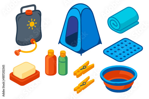 Camping Essentials Icons. Isometric vector illustration set Camping essentials – solar shower bag, privacy shelter, quick-dry