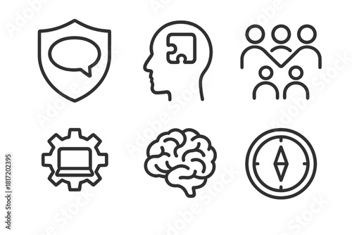 Competency Skills Icons. Line style icons of competency skills categories: communication badge, problem-solving icon, teamwork
