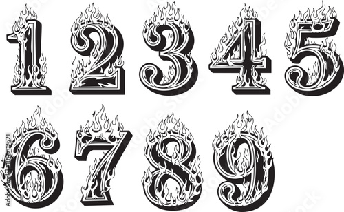 A set of stylized, flaming numbers from one to nine, illustrated in a black and white vintage design.