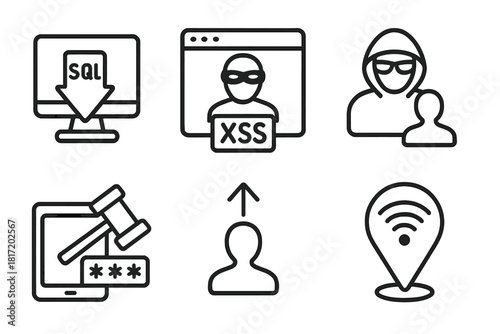 Ethical Hacking Icons. Line style icons of ethical hacking techniques: SQL injection test, cross-site scripting (XSS), social