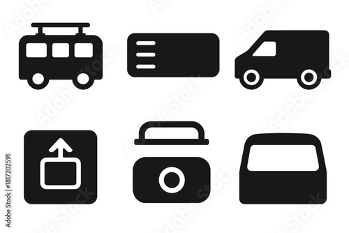 Vehicle Stunt Icons. Solid style icons of vehicle topography for stunts: bus roof rail icon, flat train top panel, cargo van ridge