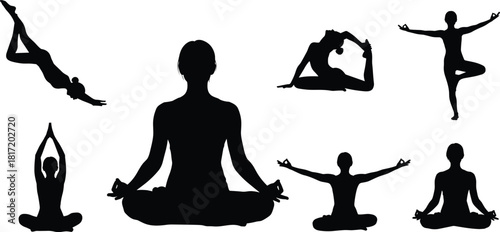 Silhouette of woman practicing different yoga poses and meditation for wellness