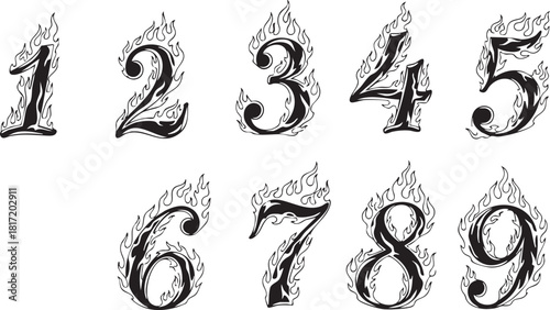 Set of black and white stylized numbers from one to nine, each dynamically engulfed in decorative flames.