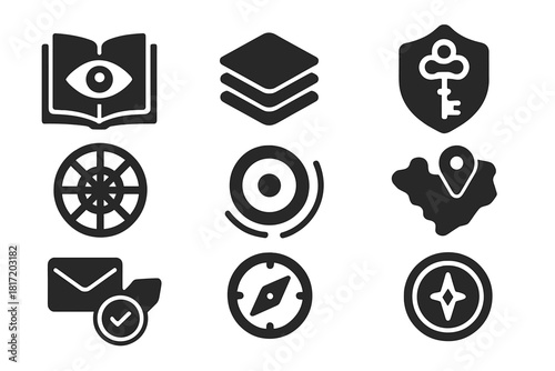 Symbolism Course Icons. Solid style icons of symbolism courses: open book with eye icon, layered meaning chart, symbolic key badge