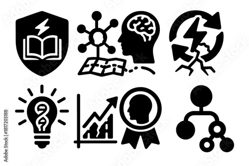 Knowledge System Icons. Solid style icons of knowledge systems that grow under stress: learning from disruption badge, adaptive
