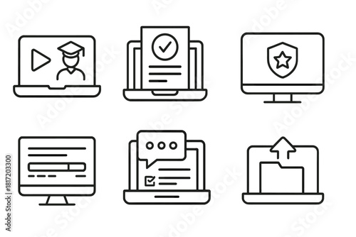 Digital Learning Icons. Line style icons of digital platforms for CBE: online learning system, digital assessment tool, badge