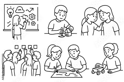 K-12 Design Icons. Line style icons of design thinking in K-12 education: classroom sketch wall, young student prototyping,