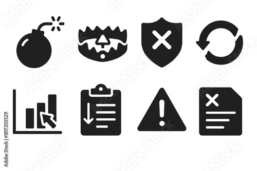 Grammar Sabotage Icons. Solid style icons of grammar sabotage drills: syntax bomb glyph, logic trap icon, rule-break badge. Broken