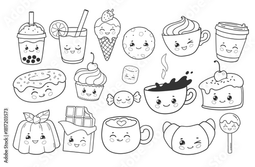 Vector illustration of cute sweets, desserts and drinks with faces in black and white. Line art food character collection.