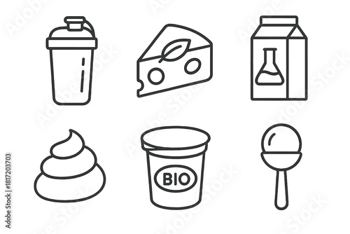 Precision Dairy Icons. Line style icons of precision dairy products: whey protein shaker, vegan cheese slice, lab milk carton,