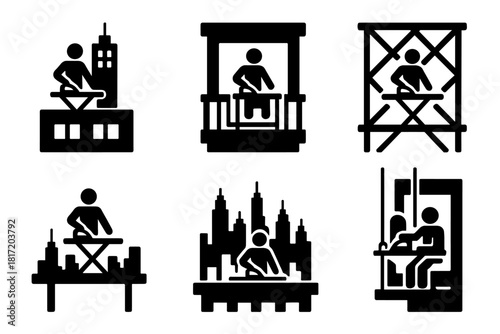 Urban Ironing Icons. Solid style icons of urban ironing stunts: rooftop ironing icon, balcony press symbol, scaffolding ironing