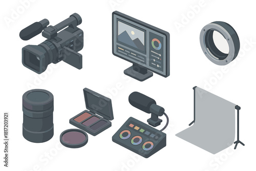 Photography Equipment Isometric Set. Isometric vector illustration set of Camera and Photography: camcorder, photo editing monitor