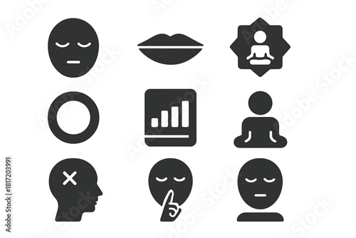 Icons of Serenity. Solid style icons of silence mastery programs: calm face glyph, closed lips icon, inner peace badge. Stillness
