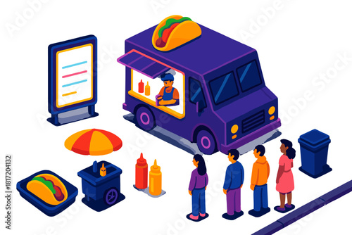 Vibrant Urban Nightlife. Isometric vector illustration set Urban nightlife – street food truck, neon menu board, serving window;