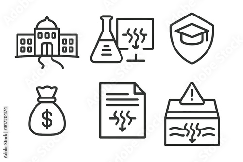 Geothermal Research Icons. Line style icons of geothermal research institutions: research campus icon, lab with heat diagram,