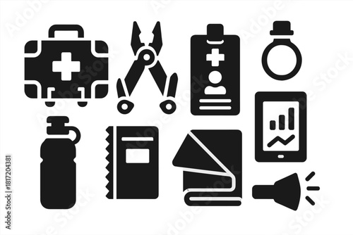 Zone Survival Gear Icons. Solid style icons of zone survival gear packs: field kit glyph, multi-tool icon, emergency badge. Water