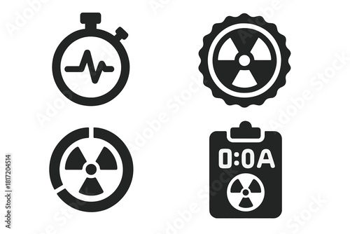 Radiation Safety Icons. Solid style icons of radiation event simulations: timer with pulse glyph, exposure icon, drill badge.