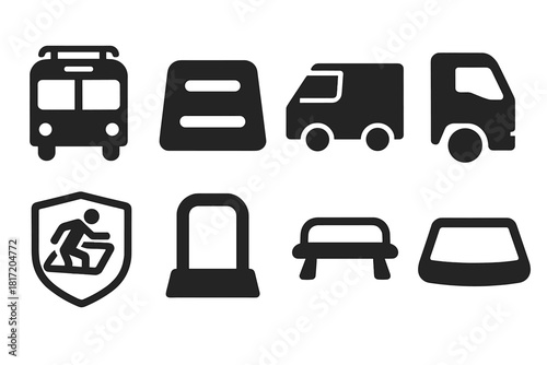 Vehicle Stunt Icons. Solid style icons of vehicle topography for stunts: bus roof rail icon, flat train top panel, cargo van ridge