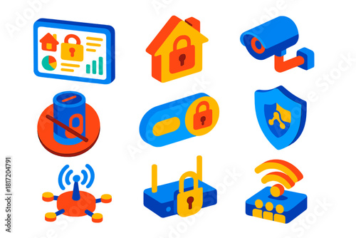 Smart Home Security Icons. Isometric vector illustration set Data privacy – smart home dashboard, home lock icon, camera feed