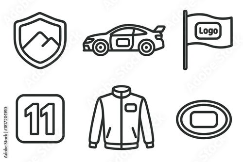 Rally Sponsorship Icons. Line style icons of rally sponsors and branding: rally badge, sponsor logo on car, branded flag, race