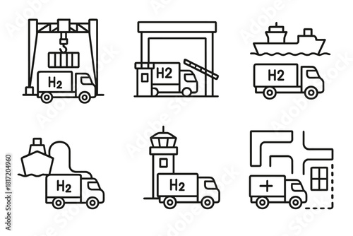 Hydrogen Trucks at Ports. Line style icons of hydrogen trucks at ports: container crane with H2 truck, port customs gate icon,
