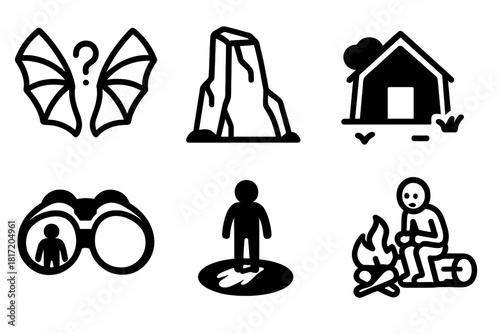 Cryptid Research Icons. Line style icons of Cryptid Research: Unknown wing pattern, isolated cliff, emergency shelter, binocular