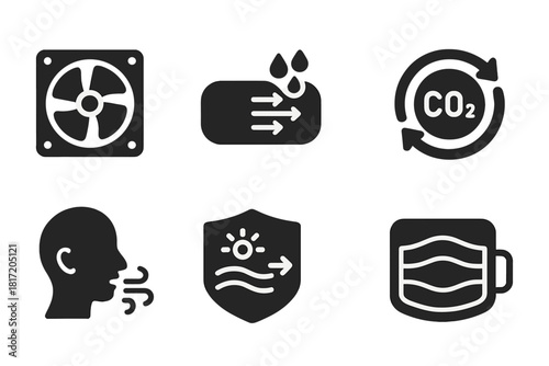 Airflow System Icons. Solid style icons of air circulation systems: life support fan glyph, oxygen flow icon, filter badge. CO₂