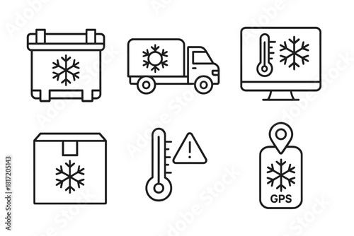 Cryogenic Transport Icons. Line style icons of cryogenic transport: thermal container crate, nitrogen-cooled truck, transport