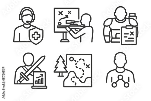 Role-Based Coaching Icons. Line style icons of role-based coaching: support player guide, sniper strategy board, tank positioning