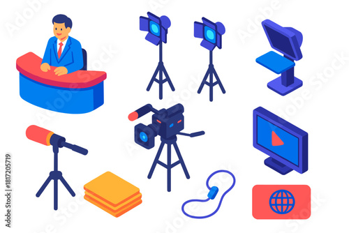 News Studio Icons. Isometric vector illustration set News and media – news anchor desk, studio lights, teleprompter; microphone