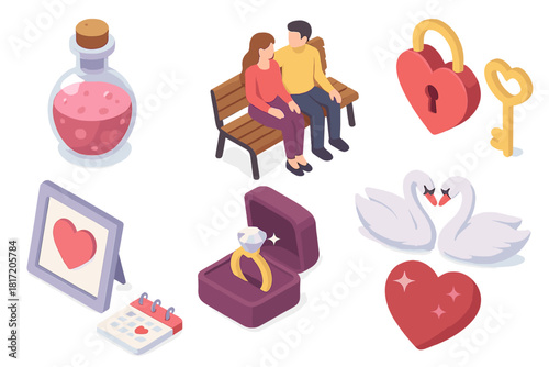 Romantic Icons Collection. Isometric vector illustration set of Romantic & Love: love potion bottle, couple on park bench, heart