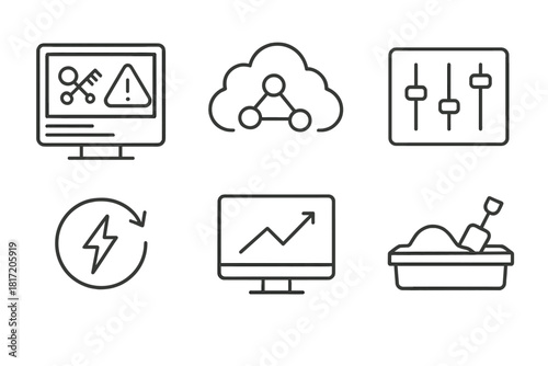 Ethical Hacking Icons. Line style icons of ethical hacking simulations: attack scenario screen, test environment cloud, simulation