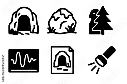 Cryptid Research Icons. Line style icons of Cryptid Research: Hidden cave entrance, mossy stone, natural camouflage, unknown howl