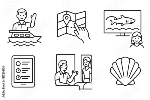 Check-In Icon Set. Line style icons of check-in and guest orientation: water taxi welcome, digital map handoff, ocean safety video