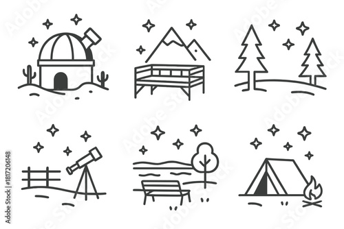 Dark Sky Icons. Line style icons of dark sky locations: desert observatory dome, mountain sky deck, forest clearing for stars,