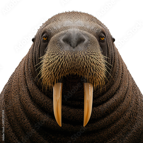 Close-up View of a Walrus Showcasing Its Tusks and Whiskers With Detailed Tex...