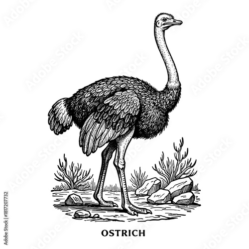 Ostrich against arid scrub landscape
