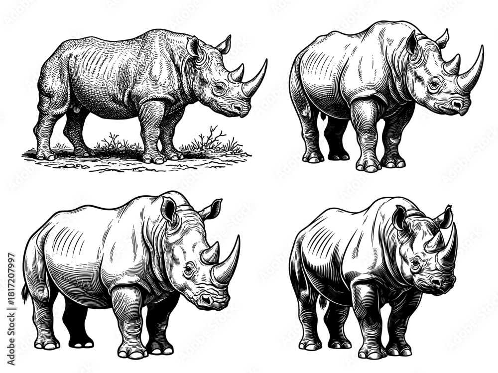 Obraz premium Rhinoceroses set in woodcut style in black and white