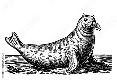 Seal resting against coastal rocks in woodcut style