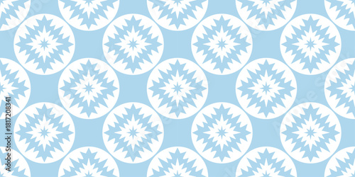 Seamless winter pattern with geometric snowflakes in soft pastel tones. Cozy seasonal texture inspired by frosty nature and festive holidays. Light and calm design perfect for Christmas and New Year t