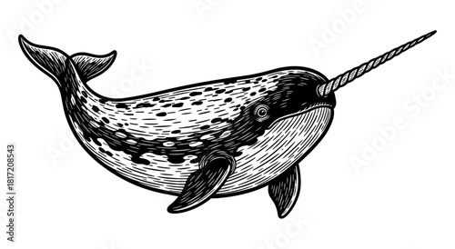 Narwhal whale with spiral tusk in line art style