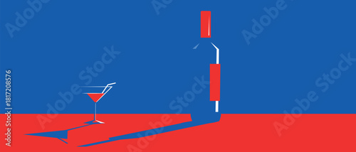 Minimal illustration of a bottle of alcohol and a glass for cocktails, contour image, flat design, shadows. Bar poster, wine list, alcohol menu, drink party, martini, cocktail, booze, drunkenness