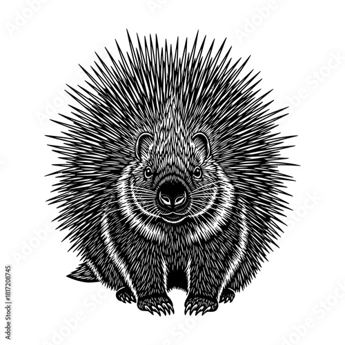 Porcupine in vintage line art style
