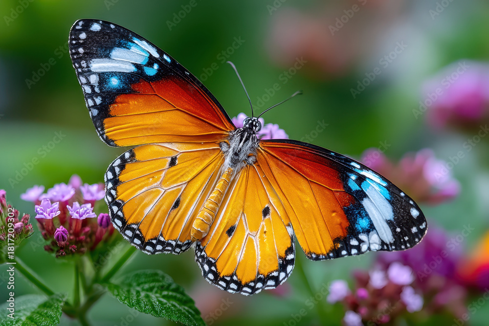 Fototapeta premium Colorful Butterfly with Open Wings on Purple Flowers