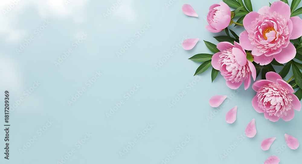 Fototapeta premium Elegant Pink Peonies with Green Leaves on a Light Blue Background