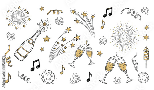 Festive celebration doodle elements: champagne, fireworks, stars, music, party Vector